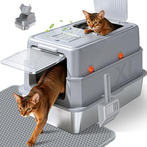 Enclosed Stainless Steel Litter Box, XL Covered MetalPan Includes Mat Scoop | Easy Cleaning Anti-Urine Leakage Non-Sticky Front Entry Top Exit - color: Grey