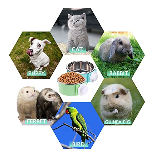 Tfwadmx Crate Dog Bowl Cat Removable Stainless Steel Food and Water Feeder Hanging Cage Bowls Coop Cup with Cleaning Set for Pet Puppy Bird Rat Guinea Pig Ferret Bunny Rabbit 2Pcs - color: Light blue, light green (2 PCS)