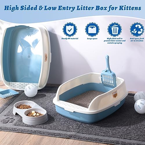 Sliner 7 Pcs Kitten Litter Box Starter Kit, 2 Plastic Small Kitty Litter Box Training Low Entry with Scoop, 2 Double Cat Bowl and Mat for Kitten Indoor(Blue) - color: Blue