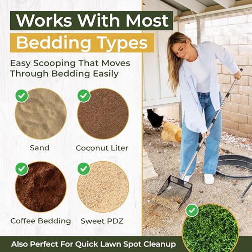 2-in-1 Chicken Coop Poop Scooper and Rake - Metal Sand Sifting Litter Scoop Shovel with Angled Basket and Micro-Sized Diamond Mesh to Catch the Smallest Farm Animal Droppings - Adjustable 12" to 53"