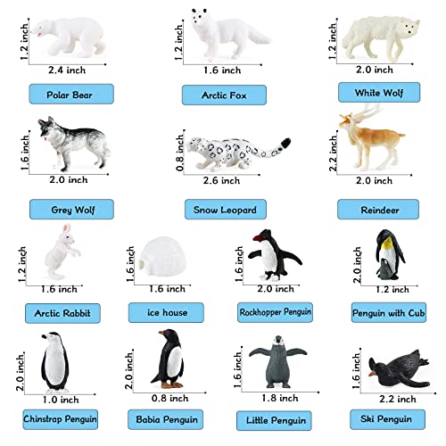 RCOMG Arctic Animals Figures, 14pcs Mini Polar Animal Figurines, Plastic Arctic Animal Toys Set with Arctic Fox Wolf Reindeer Penguins Toys