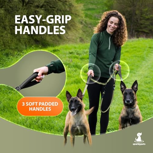 Double Dog Bungee Rope Leash - Dual Dog Lead for Medium and Large Breeds - Padded Handles, No Tangle - Flow Leash, 2 Dogs Walking Accessory - color: Green Range