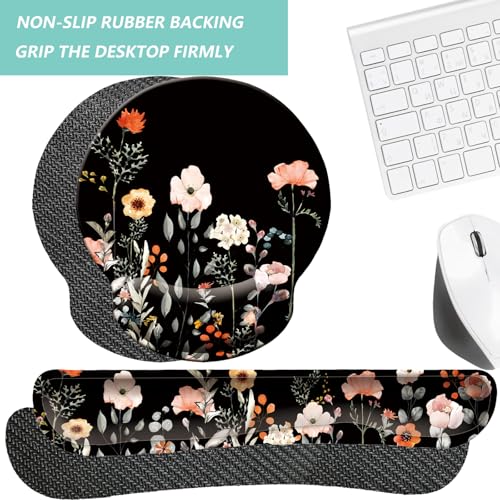 Keyboard Wrist Rest Pad Mouse Pad with Wrist Support Set of 3, Mousepad with Non-Slip Rubber Base, Ergonomic Memory Foam Mouse Wrist Cushion Support for Home Office Laptop Computer, Flower Black - color: Flower Black