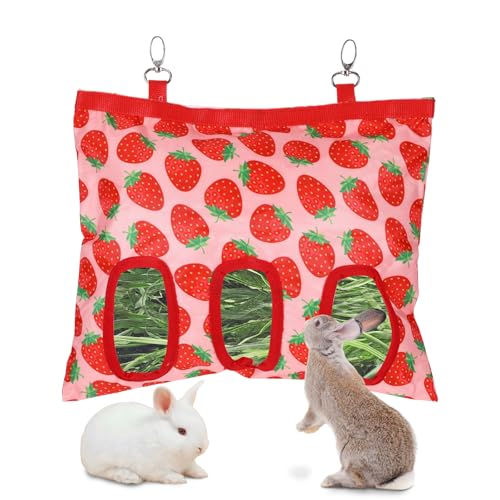 Guinea Pig Hay Feeder, 3 Hole Washable Hanging Hay Bag for Rabbits | Hay Holder for Guinea Pigs Rabbits Chinchilla Hamster Bunny Small Pets and Animal, Strawberry Pattern, 13x10.8inch - color: 3-hole strawberry