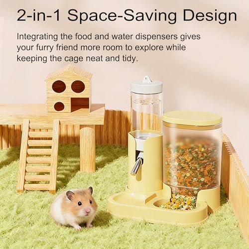 No Drip Hamster Water Bottle, 2 in 1 Hamster Water Dispenser & Food Bowl | Sealed Freestanding Small Animal Gravity Feeder, Hamster Cage Accessories for Dwarf Hamster, Gerbil, Rat, Mice (Yellow) - color: Yellow