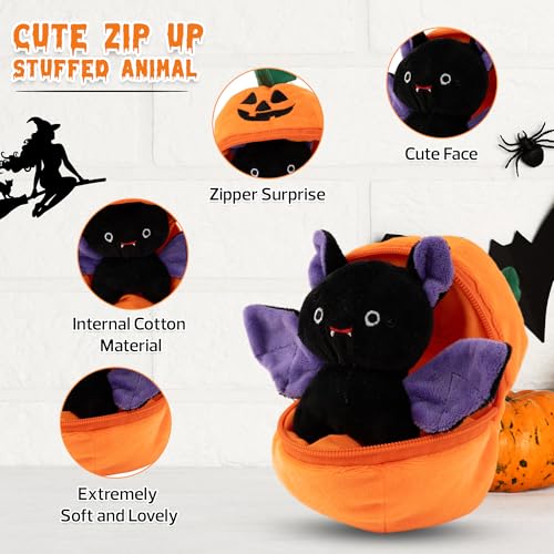 Plushland Halloween Zip-Up Pumpkin Stuffed Animal Plush Toys,Hideaway Spooky Black Cat Bat Ghost Plush Halloween Toy for Festive Decorations & Fun Surprises 6 Inches (Bat) - style: Bat
