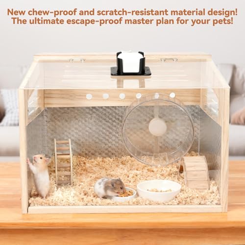 Hamster Cage with camera - 2.5K 5G Hamster camera for Chewproof Guinea Pig Cage Clear Small Animal cage with Open top Hamster Habitat Wooden mouse cage with Acrylic Panel 15.7*12*12 IN