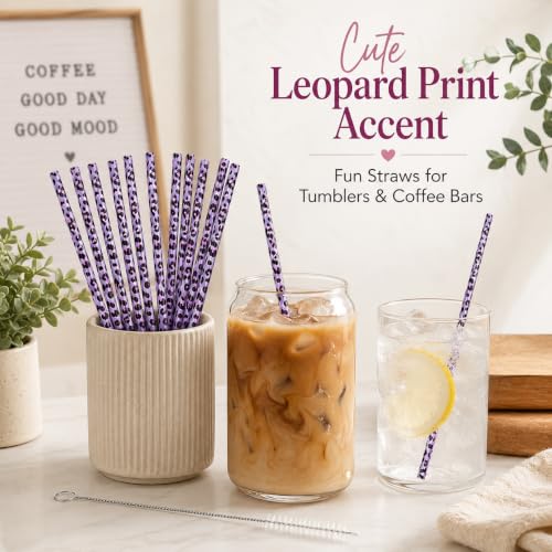 10 Pcs Reusable Brown Leopard Straws Long Straws with Cleaning Brushes | Plastic Cheetah Animal Straws Brown Leopard Print Drinking Straws for Tumblers Cups Safari Wild Favors Birthday Party Supply - color: Purple