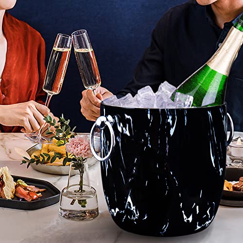 Ice Bucket with Lid, Scoop, Tongs and Strainer - Well Made Insulated Stainless Steel Keep Ice Frozen Longer - Ideal for Cocktail Bar, Parties, Chilling Wine, Champagne - 3 Liter (Black Marble) - color: Black Marble