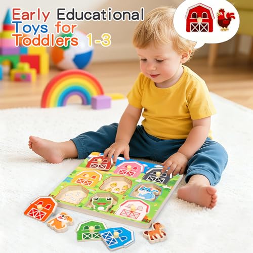 Toddler Wooden Puzzles Ages 1-3, Montessori Toys for 12+ Months Boys Girls | Birthday Gifts, Wood Farm Animal Peg Fine Motor Skills Toy Puzzles for Toddlers Age 2-4 Girls - Preschool Learning Activities