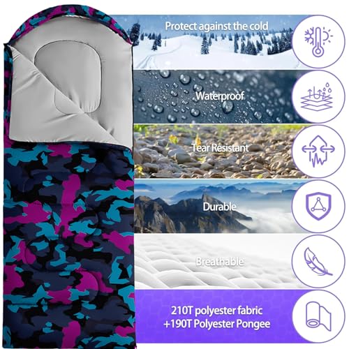 Sleeping Bags for Adults and Kids Backpacking Camping Sleeping Bags for Girls and Boys Lightweight Waterproof Cold/Warm Sleeping Bag for All Season - color: Navy blue Camo