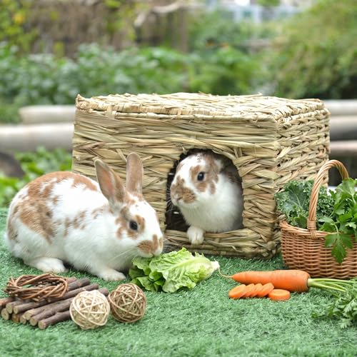 WUWEOT 2 Pack Large Grass Bunny House, Foldable Rabbit Hut, Play Hideaway Bed Hay Mat Chew Toy for Rabbit, Guinea Pigs, Gerbils, Hamster and Small Animals, 11"x8"x8"