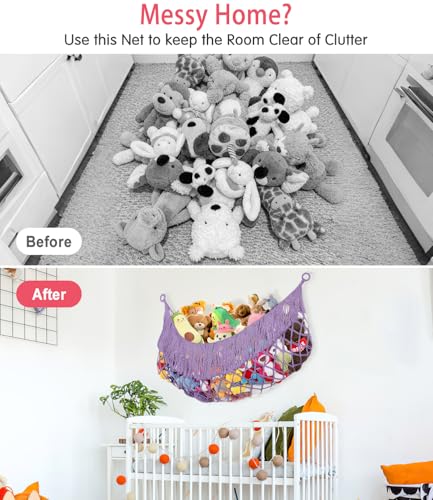 Extra Large Stuffed Animal Net Hammock - [56'' Long/Handwoven Macrame/Lavender] Hammock Storage for Flat Wall, Hardware Included