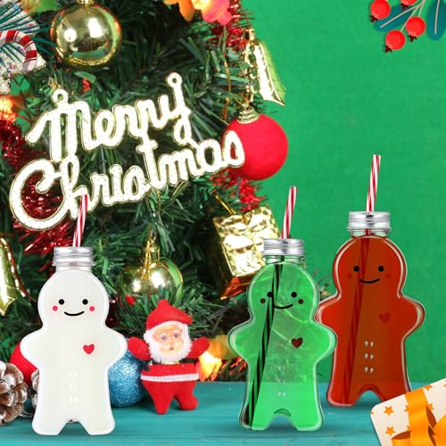 Sliner Christmas Bottles with Straws Including 20 Pcs Empty Plastic Drink Bottle & 20 Pcs Straws & Caps for Christmas Party Juice Milk Cup Drink Water Containers(20 Set,Gingerbread Man) - style: Gingerbread Man