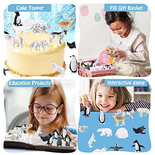 RCOMG Arctic Animals Figures, 14pcs Mini Polar Animal Figurines, Plastic Arctic Animal Toys Set with Arctic Fox Wolf Reindeer Penguins Toys