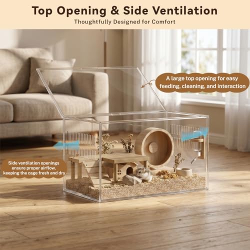 STILLCOVE Transparent Hamster Cage with Platform: 2-Tier Small Animal Cage | Wooden Platform & Ramp, Clear PET Guinea Pig House, Rat Enclosure, Mouse Tank, Pet Habitat for Hedgehog Gerbil Rodent