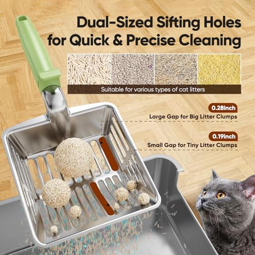 Metal Cat Litter Scoop, Large Cat Scooper with Deep Shovel & Dual Sifting Holes for Fast & Precise Sifting, Space Aluminum Kitty Litter Scooper with Long Handle & Easy-to-Hang Hook - Mint - color: Mint