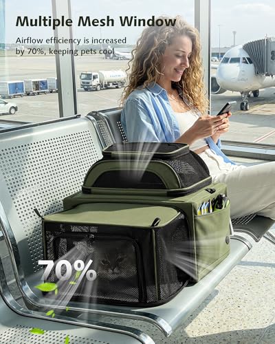 Pecute Top Expandable Airline Approved Pet Carrier for Cats, Dark Gray | Top side expandable, breathable scratch-resistant mesh, leakproof pee pad, locking zippers, foldable travel bag under 11lbs. - color: Olive Green