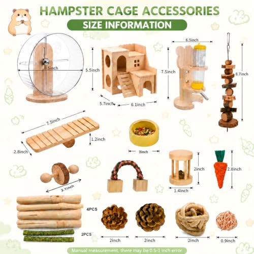 20 Pcs Hamster Cage Accessories,9.5'' Exercise Silent Hamster Wheel,15 Diverse Chew Toys,Maze Wood House, Water Bottle,Bowl Set for Dwarf Hamsters, Gerbils, Mice Small Animals Habitat