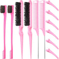 Remerry 12 Pieces Hair Brush Set, Nylon Teasing Hair Brushes 3 Row Salon Teasing Brush, Double Sided Edge Smooth Comb Grooming, Rat Tail Combs with Duckbill Clips for Women(Pink) - color: Pink