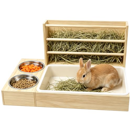 3 in 1 Rabbit Hay Feeder with Litter Box, Wooden Bunny Hay Holder Feeder Toilet Combo with 2 Stainless Steel Bowls and Removable PP Tray for Rabbits, Guinea Pigs,Small Animals