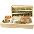 3 in 1 Rabbit Hay Feeder with Litter Box, Wooden Bunny Hay Holder Feeder Toilet Combo with 2 Stainless Steel Bowls and Removable PP Tray for Rabbits, Guinea Pigs,Small Animals