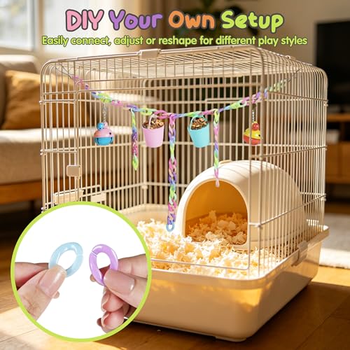 Sugar Glider Toys, Cage Accessories Hanging Climbing Toy Set with Bells | 66 Plastic Links, Bells & Feeding Buckets, Hanging Climbing Toy Set, Foraging Activities, Small Pet Cage Accessories
