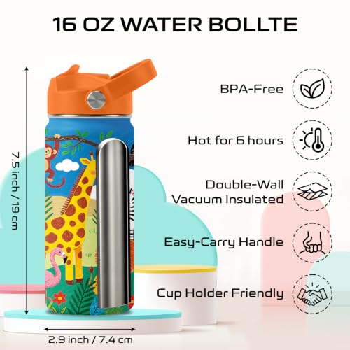 Cartoon Animal 16 oz Water Bottle with Straw –Kids Stainless Steel Vacuum Insulated Cup, Leakproof Straw Lid, Double-Wall Vacuum Travel Mug for Boys and Girls Outdoor Sports - color: Animal2