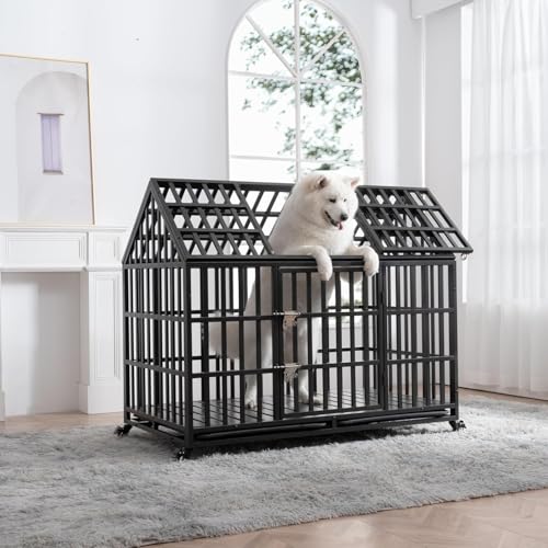 52 inch Heavy Duty Indestructible and Escape-Proof Dog Crate Cage for Large Giant Dogs, Steel Double Door Indoor High Anxiety Pet Kennel with Trays and Wheels, Extra Large XL XXL - size: 51.2"L x 29.5"W x 44.9"H
