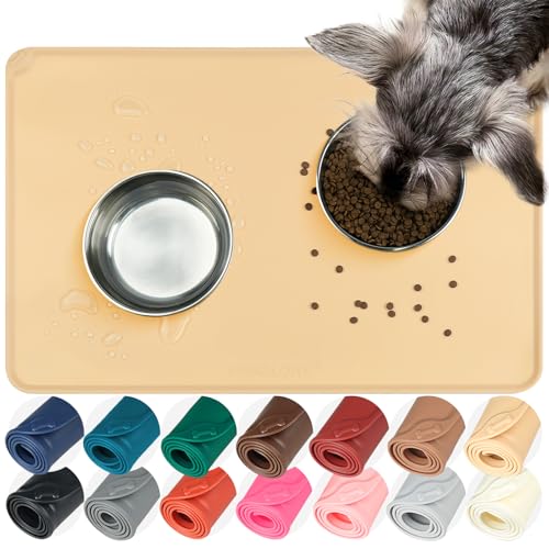 VIVAGLORY Pet Food Mat Flexmat Dog Bowl Mat, S, Beige Yellow | Non Slip Silicone for Pet Kitten & Doggy, Placemat with Lip for Floor - color: Beige Yellow, size: S (18.9 x 11.8in)
