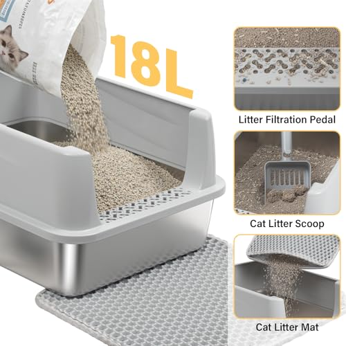 Stainless Steel Litter Box with Lid,Kitten Litter Box for Small Cats | Open Top Low Entry Litter Box,Metal Kitty Litterbox,Odor Control,Anti-Leakage, Non-Sticky, Includes Mat&Scoop,17.5x13.6x8in, - color: M:17.5"L x 13.6"W x 8"H