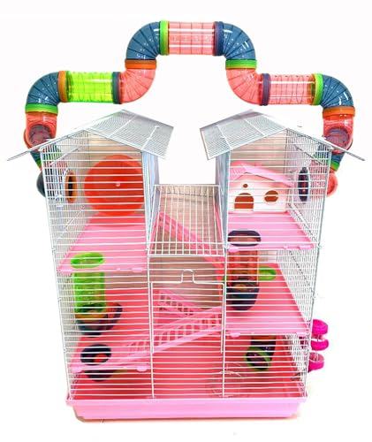 Pink 5-Floors Large Twin Tower Syrian Hamster Rodent Gerbil Mouse Mice Rat Cage with Crossover Tube Tunnel - color: Pink