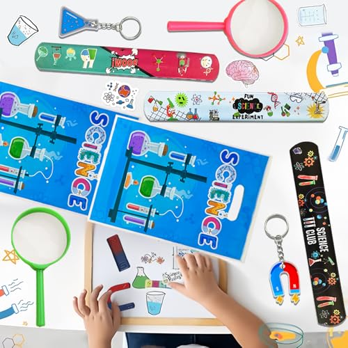 111PCS Science Party Favors, Lab Birthday Decorations and Goodie Bag Toys | 111PCS science party favors with magnifiers, gift bags, stickers, straws, bracelets, keychains and a magnet set. - style: Science