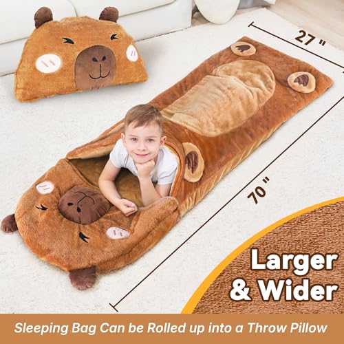 iPlay, iLearn Kid Capybara Sleeping Bag, Toddler Boys Girls Daycare Nap Mat | 2 In 1 Plush Animal Slumber Bag, Brown Pillow, Happy Travel Sleepover Preschool Birthday Gift for Age 3 4 5 6 7 8 10 12 Child - style: Capybara