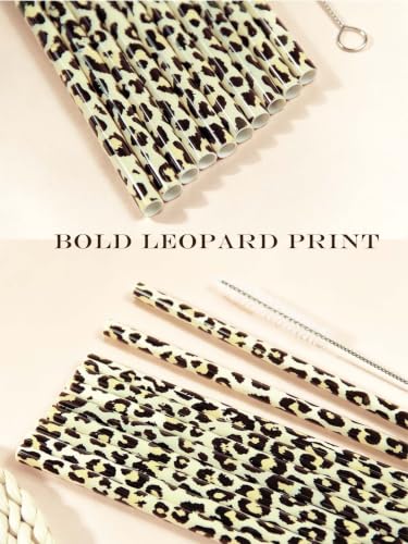 10 Pcs Reusable Brown Leopard Straws Long Straws with Cleaning Brushes | Plastic Cheetah Animal Straws Brown Leopard Print Drinking Straws for Tumblers Cups Safari Wild Favors Birthday Party Supply - color: Yellow