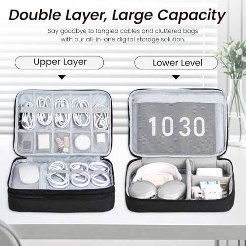 Electronic Organizer Travel Case, Double Layer Cable Organizer Bag | Double-layer design with adjustable dividers, mesh pockets and elastic loops for chargers, cables, power banks and gadgets - color: black