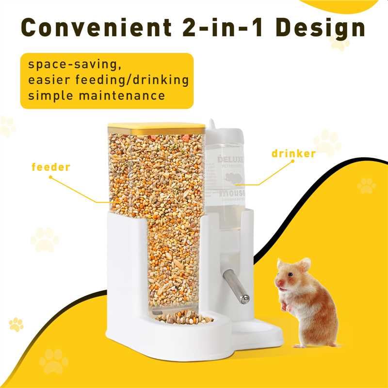Hamster Water Bottle Standing Water Dispenser No Drip 2 in 1 Large Capacity Small Animal Automatic Food Bowl for Cage Accessories for Hamsters Gerbils Mice (Yellow, 5.91 in X 4.13 in X 4.33 in)