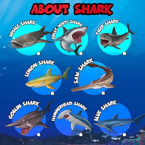 8 Pack Shark Toys with Booklet, Realistic Shark Figurines | Soft plastic ocean animal figures with booklet for under sea play, party decorations, cake toppers, bath play, and gifts