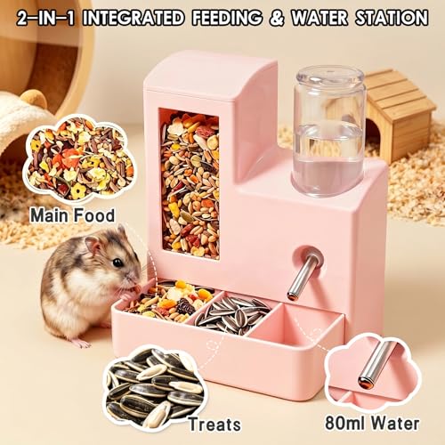 Hamster Water Bottle and Feeder, No Drip 2-in-1 Automatic Waterer and Food Dispenser, Gravity Feeding Hamster Cage Accessories for Small Pets 5.51 x 4.33 x 6.49 Inch - color: Pink
