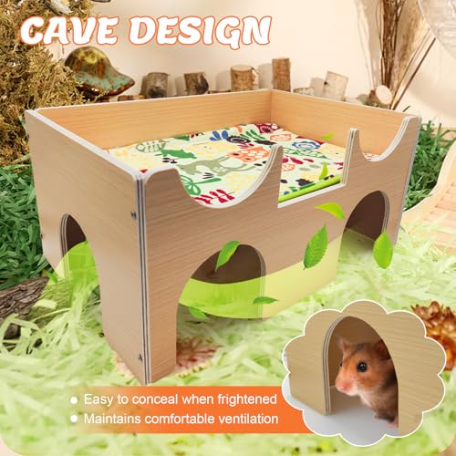 Wooden Hamster House Hideout, Natural Wood Small Animal Hut with Stairs, Cute Hamster Cage Accessories Habitat for Hamsters, Guinea Pigs, Chinchillas, Gerbils, Rabbits, and Other Small Pets