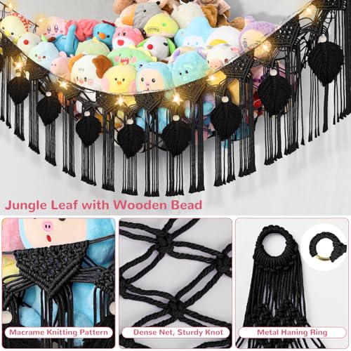 82.7x59x59 Inch Jumbo Stuffed Animal Storage Hammock Corner Toy Net, Black | Macrame Leaf Hanging Stuffed Animal Net Organizer for Stuffy Plush,Toy Hammock Holder w/Star Lights,Nursery Room Decor Gift - color: Black, size: XXX-Large Leaf Style