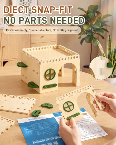 BUCATSTATE Large Wooden Guinea Pig Hideout, Pet Habitat Decor. | Natural wood hideout for guinea pigs & hedgehogs. Easy tool-free assembly, safe for chewing, and sturdy castle design.