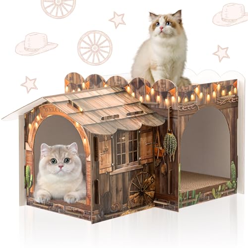 Lineshading 2 Story Cardboard Cat House with Scratcher Pad, Multi Level Durable Cat Scratcher House for Small Kitten Bunny Rabbit Animals Christmas Birthday Gift(17x12x10,Western) - style: Western