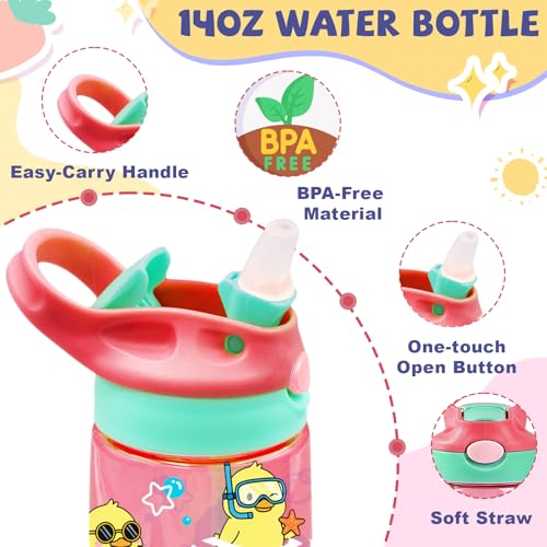 Kids Plastic Water Bottle - Duck Water Bottles for Kids, 14oz Plastic Water Bottle with Straw Lid, Leakproof BPA-Free Cute Duck Water Bottles for Home Sports Travel, Pop-Up Straw Cover, Pink - color: Fun Duck