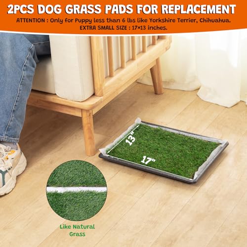MEEXPAWS Dog Grass Pee Pads for Dogs with Tray | Extra Small 17 x 13 in for Puppy Less Than 6 lbs | 2× Artificial Grass Pads Replacement | Rapid Drainage | Indoor Dog Litter Box | Hemmed Edge - size: Small - 18 x 14 inch
