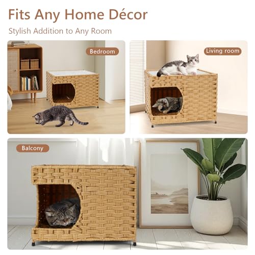 Cat House for Indoor Cats - Wicker Cat Bed with Double-Sided Soft Cushion, Decorative Handwoven Pet Bed Furniture