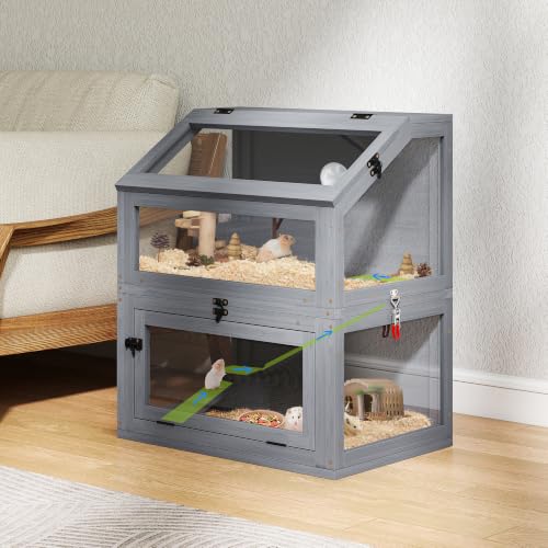 COZIWOW 2-Tier Hamster Cage, Large Rat Cage and Habitat with Ramps, Openable Top, Detachable Small Animal Cage for Hedgehogs, Gerbil, Mouse, Wooden Frame with Acrylic Panel, Gray - color: Gray
