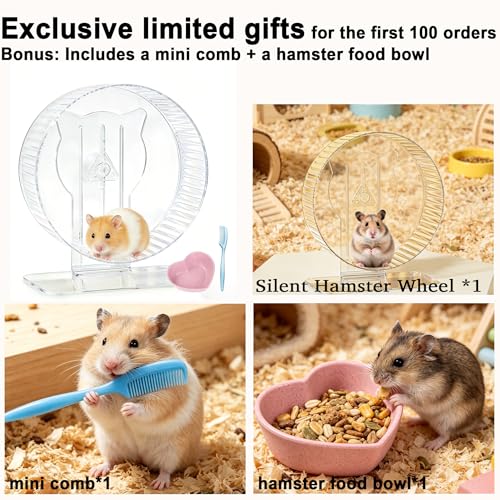 Silent Hamster Wheel 9.3", Quiet Spinner Running Wheel with Adjustable Stand & Non-Slip Track – Ideal Small Animal Cage Accessories for Hamsters Gerbils Dwarf Syrian Mice - color: Hamster Wheel+Blue Comb+Bowl