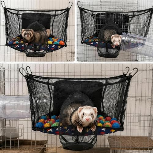 Ferret Ball Pit Hammock, Hanging Ferret Bed Cage Toy with Tunnel Compatible, Mesh Ferret Accessories for Small Animals, No Balls Included