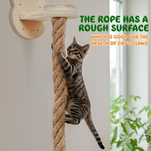 Weysat 2" x 4.92 ft Cat Climbing Rope with 2 Jumping Platform Wall Mounted Thick Jute Cat Scratching Post Furniture Wall Climbing System for Kittens & Large Cats(Wood,Kitten Head) - color: Wood, style: Kitten Head